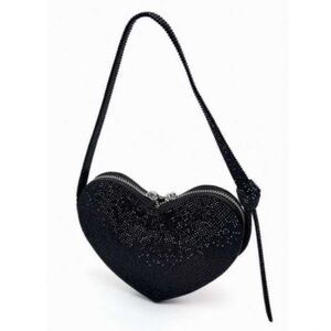 NWT Zara Woman Heart Shaped Rhinestones Shoulder Bag Black Bloggers Fav
